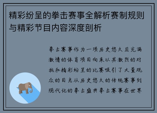 精彩纷呈的拳击赛事全解析赛制规则与精彩节目内容深度剖析
